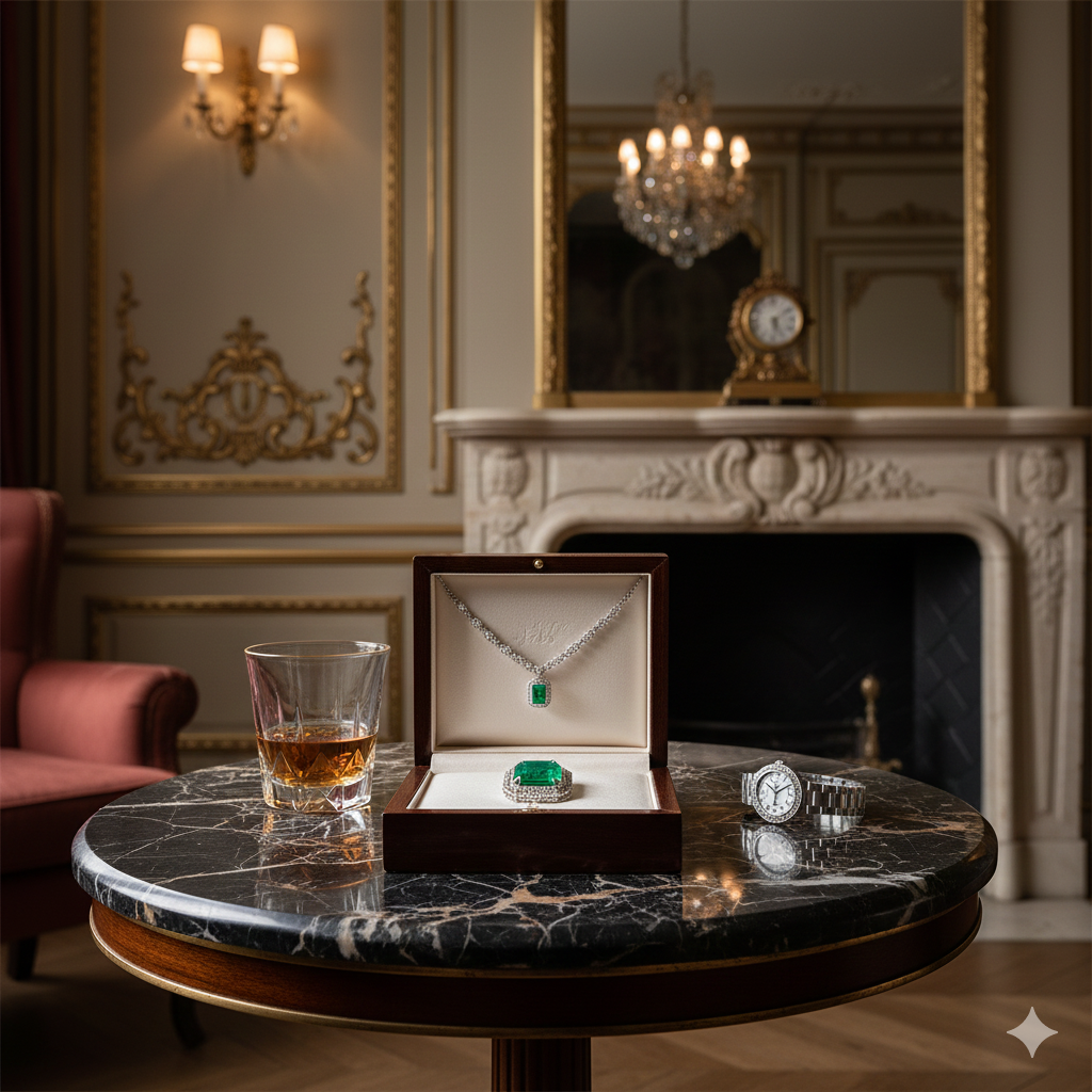 collar de esmeralda en una caja de un hogar lujoso