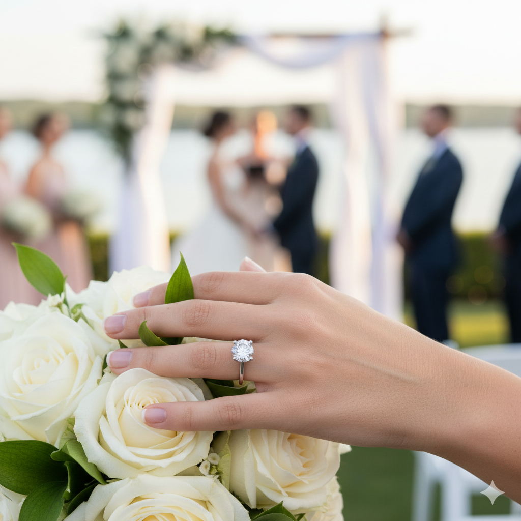 mano con anillo de boda tocando rosas blancas