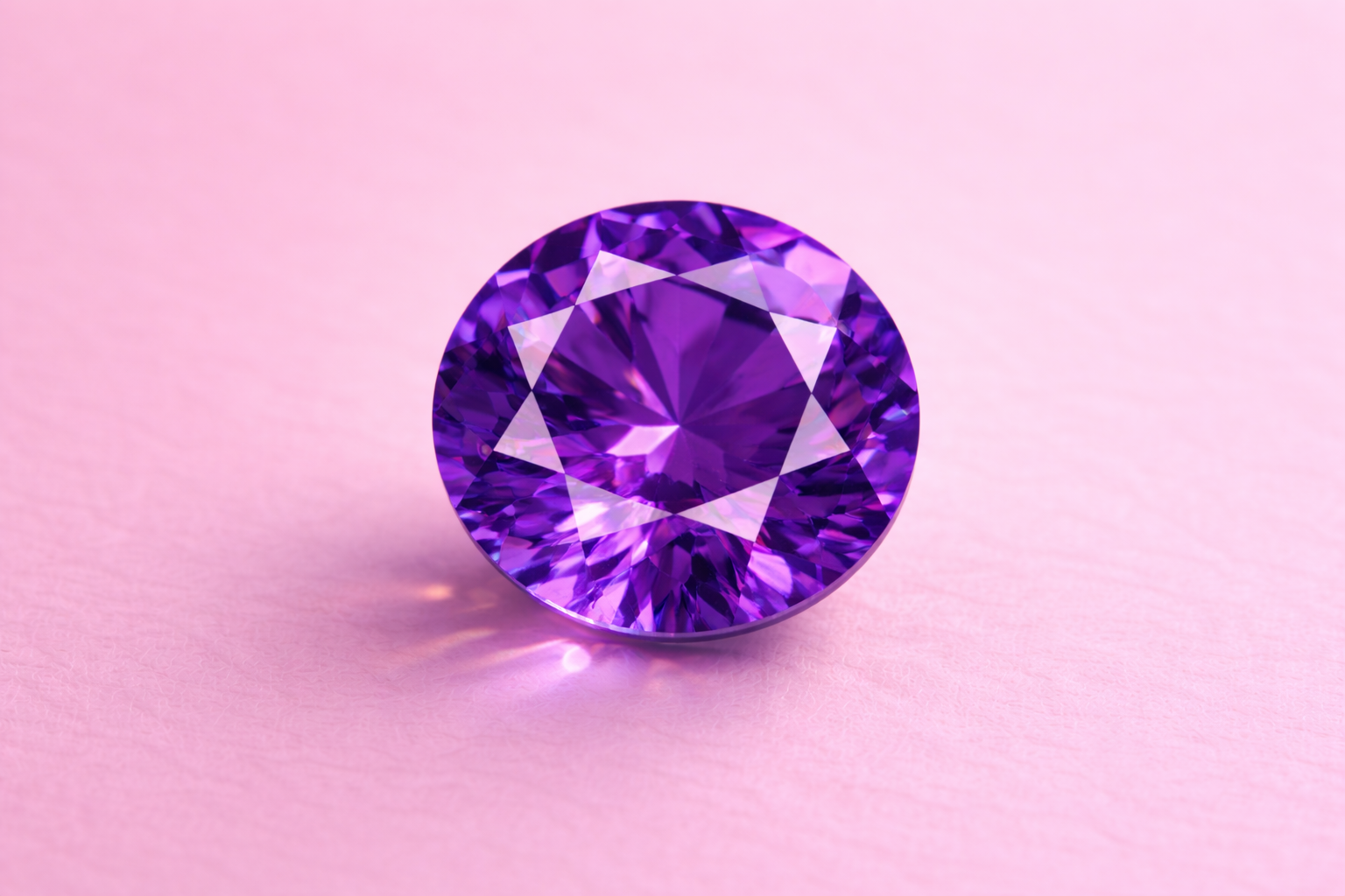 Amatista con corte brillante sobre fondo rosa palo en una foto de estudio bien cuidada.