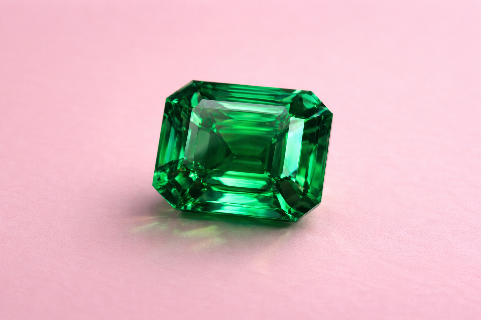 Esmeralda con corte esmeralda sobre fondo rosa palo en una foto de estudio bien cuidada.