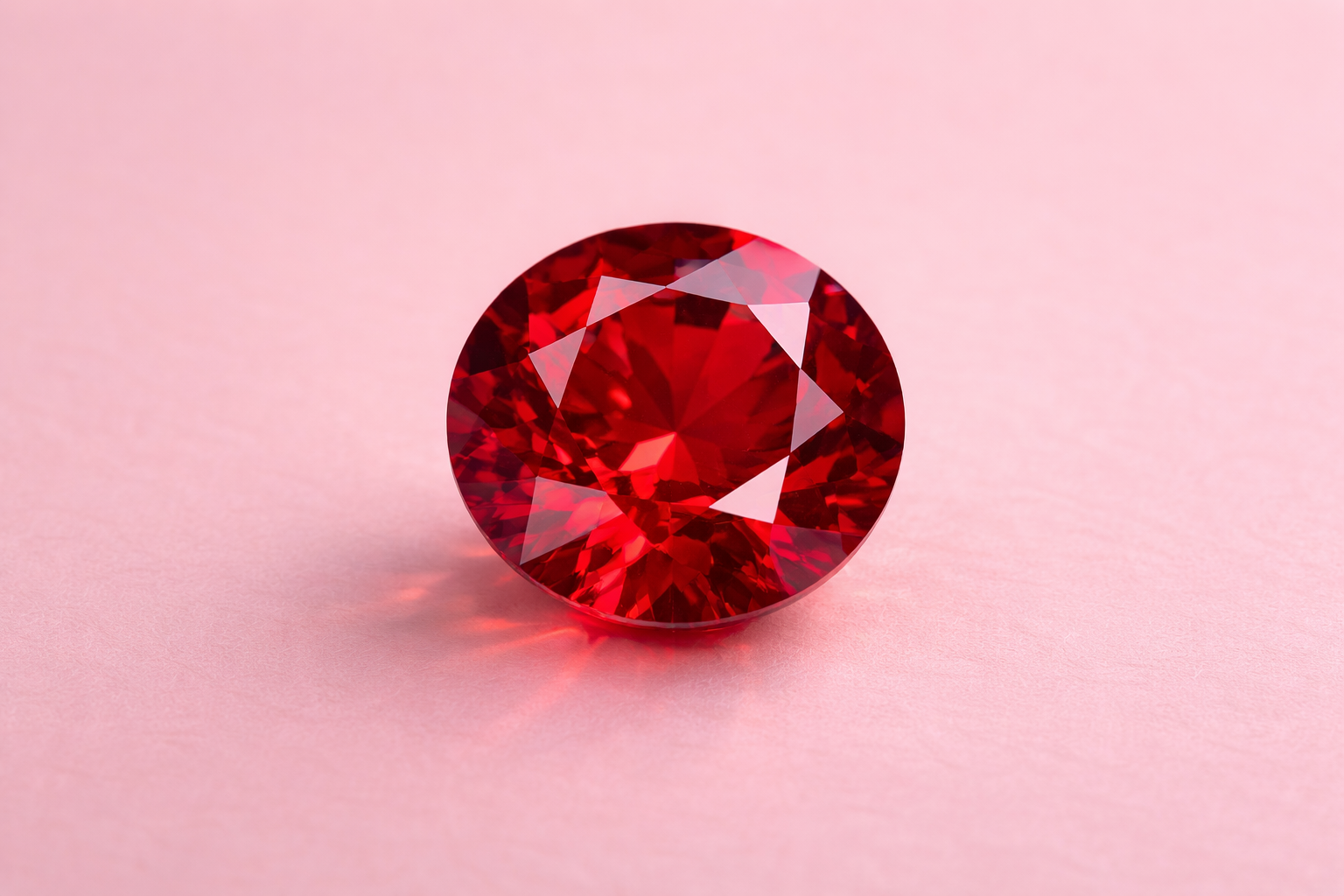 Rubí con corte ligeramente oval sobre fondo rosa palo en una foto de estudio bien cuidada.