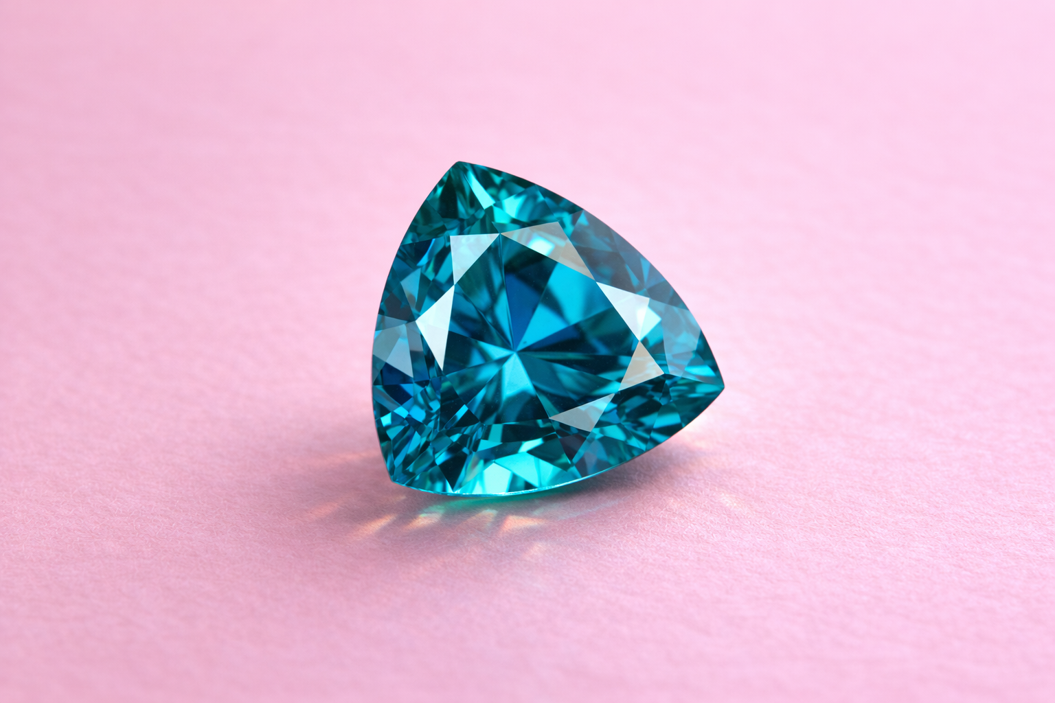 Turmalina con corte Trillion (triángular) sobre fondo rosa palo en una foto de estudio bien cuidada.